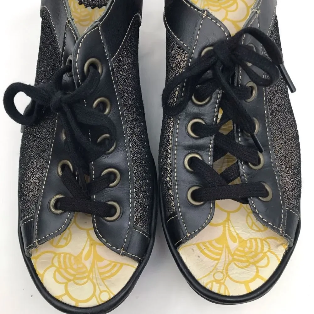 Fly London Black Metallic Perforated Leather Slingback Lace Up Chunky Wedges